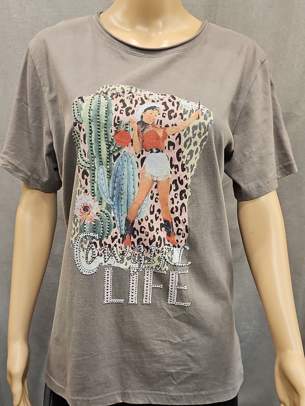 Cowgirl Life T-Shirt American Bling Grey Western Retro L XL